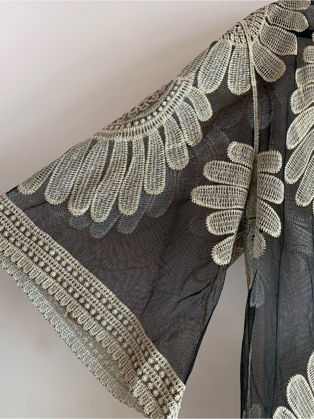 225 Sheer Black Crochet Floral Kimono with Cream Embroidery - Picture 3 of 6